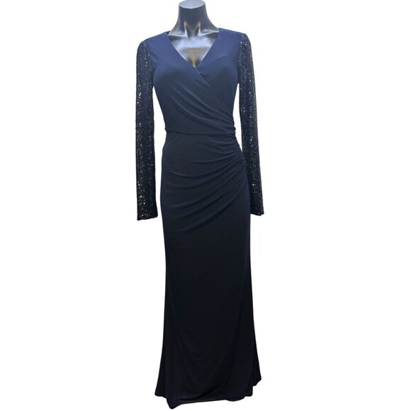 Eliza J Navy Long Formal Gown With Sequined Sleeves & Surplice Neckline Size 6 - Picture 1 of 8